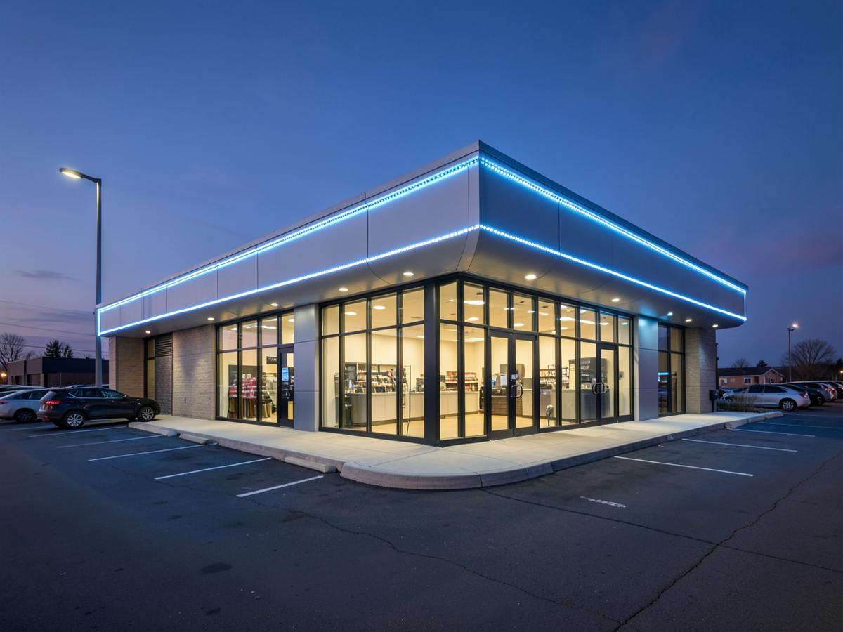 Commercial storefront with blue and white parapet lighting at dusk