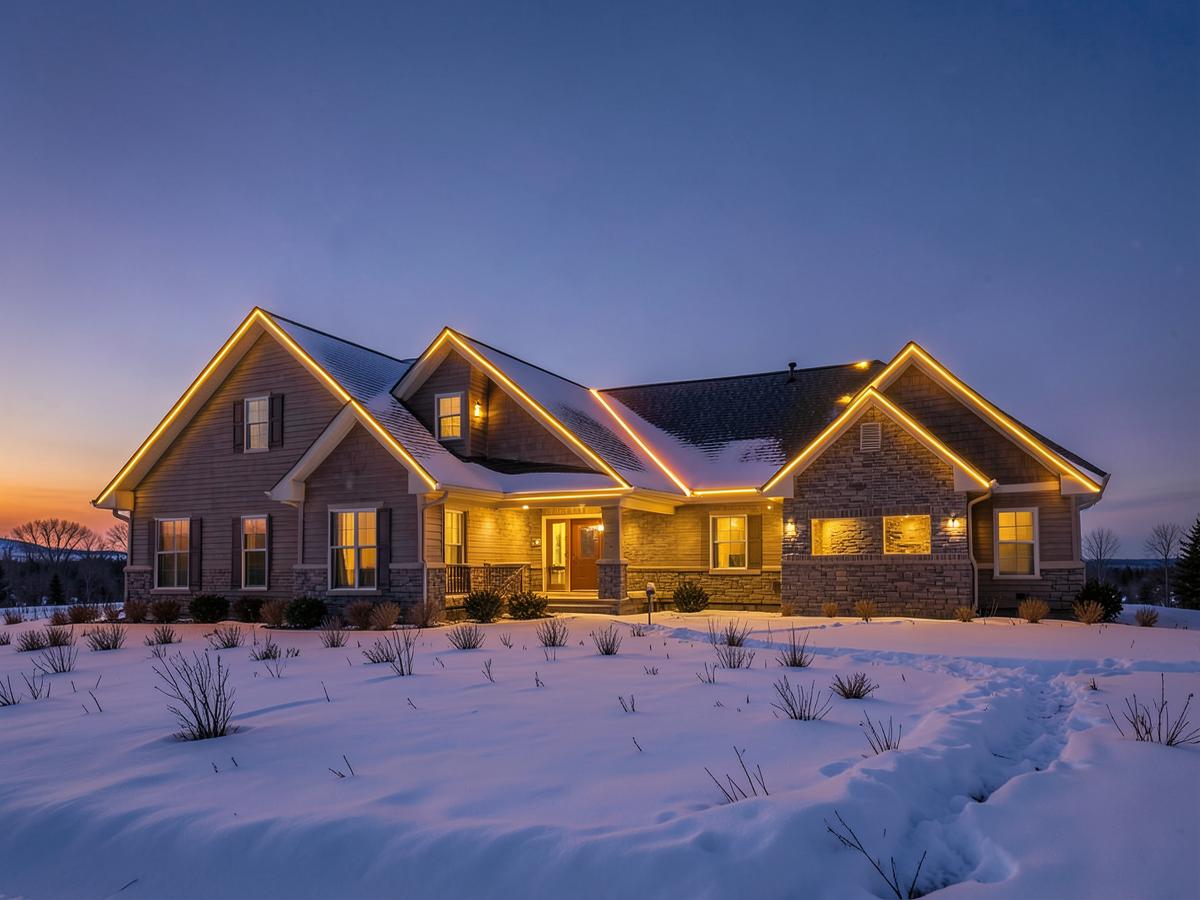 An acreage home at dusk with permanent gold roofline lighting