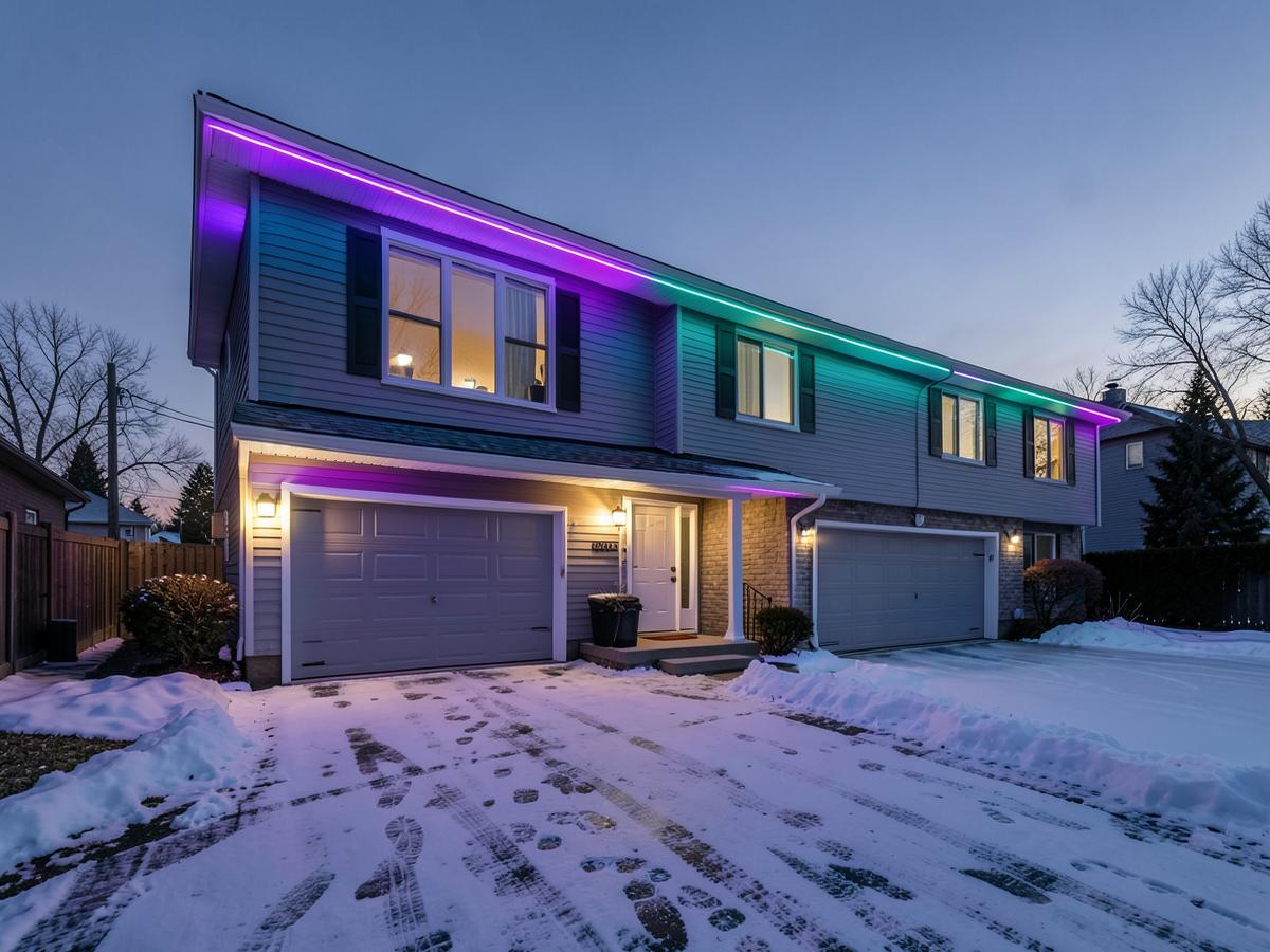 Split-level home lit in purple and teal permanent lighting