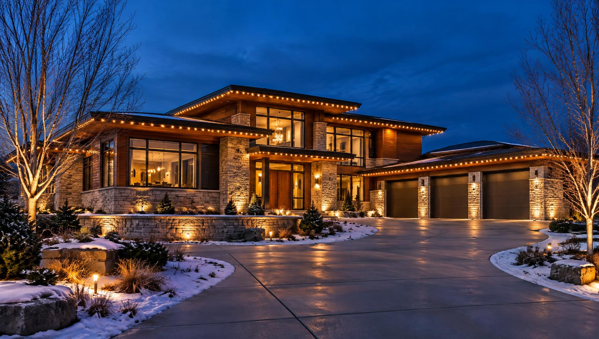 Two-storey home at dusk with warm white permanent roofline lighting